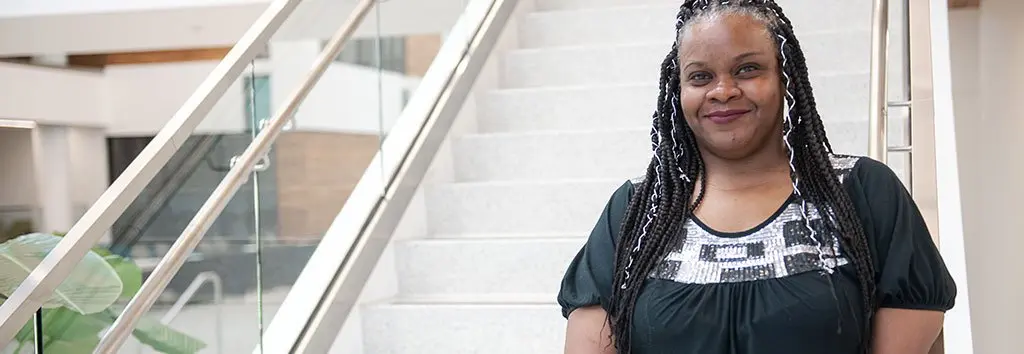 Student in the ME Global Student Pavilion